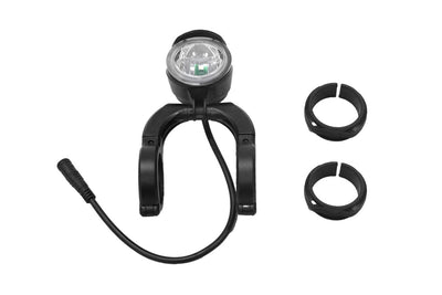 Magicycle ebike front light with 80 lumens, includes mounting hardware and power cable.