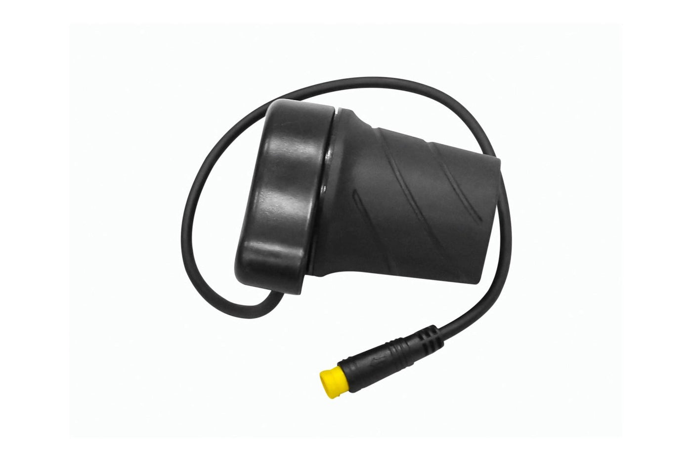 Half twist throttle for Magicycle ebike with ergonomic grip and connector cable.