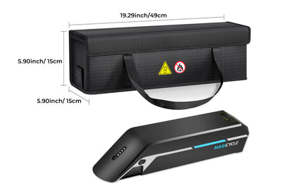 Magicycle fireproof battery bag with dimensions and warning icon, alongside electric bike battery.
