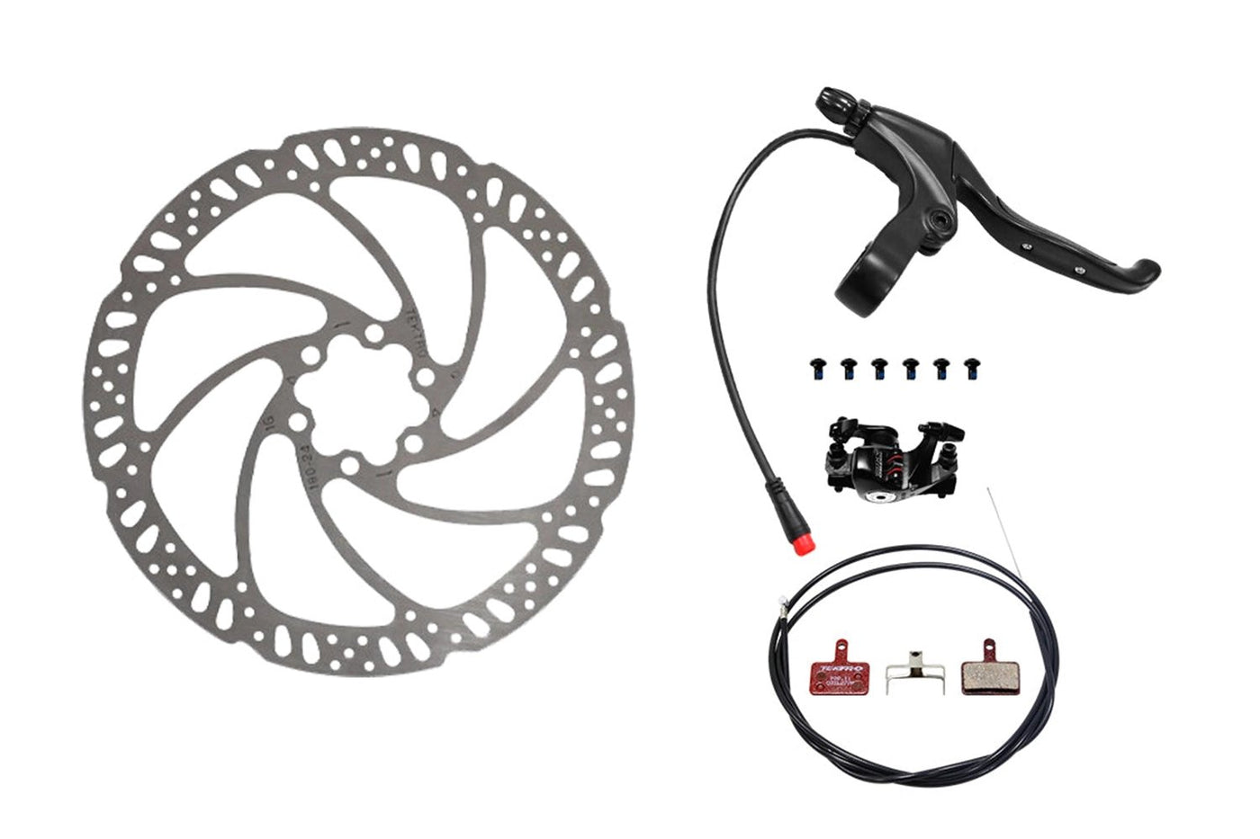 Complete mechanical disc brake kit for ebikes with rotor, pads, caliper, and cable.