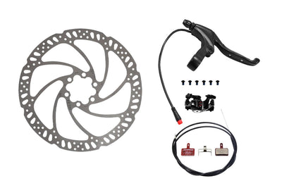 Complete mechanical disc brake kit for ebikes with rotor, pads, caliper, and cable.