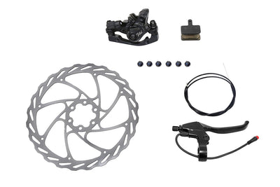 Mechanical disc brake kit for ebikes with rotor, caliper, pads, cable, and screws.
