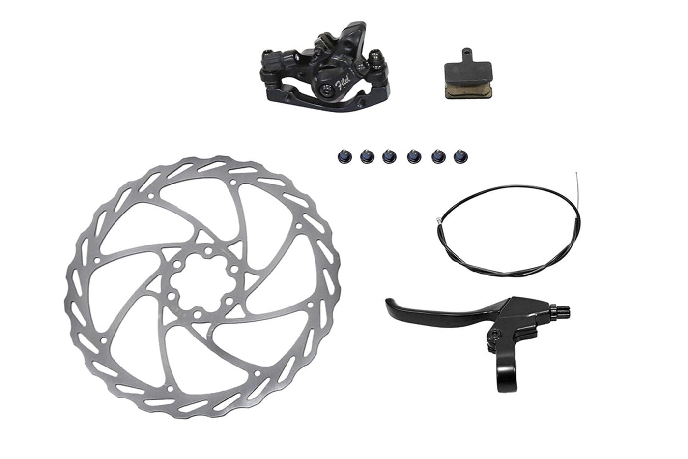 Complete ebike mechanical disc brake kit includes rotor, caliper, pads, cable, screws.
