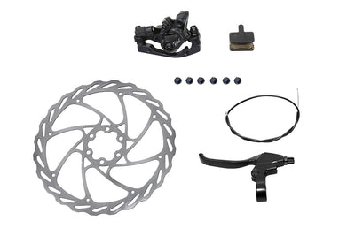 Complete ebike mechanical disc brake kit includes rotor, caliper, pads, cable, screws.