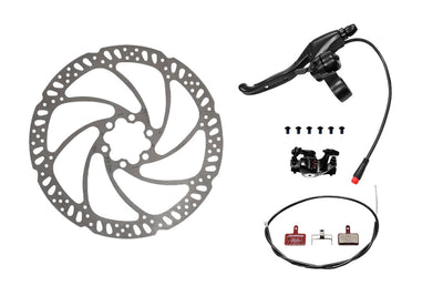 Ebike mechanical disc brake kit with rotor, caliper, brake pads, and screws.
