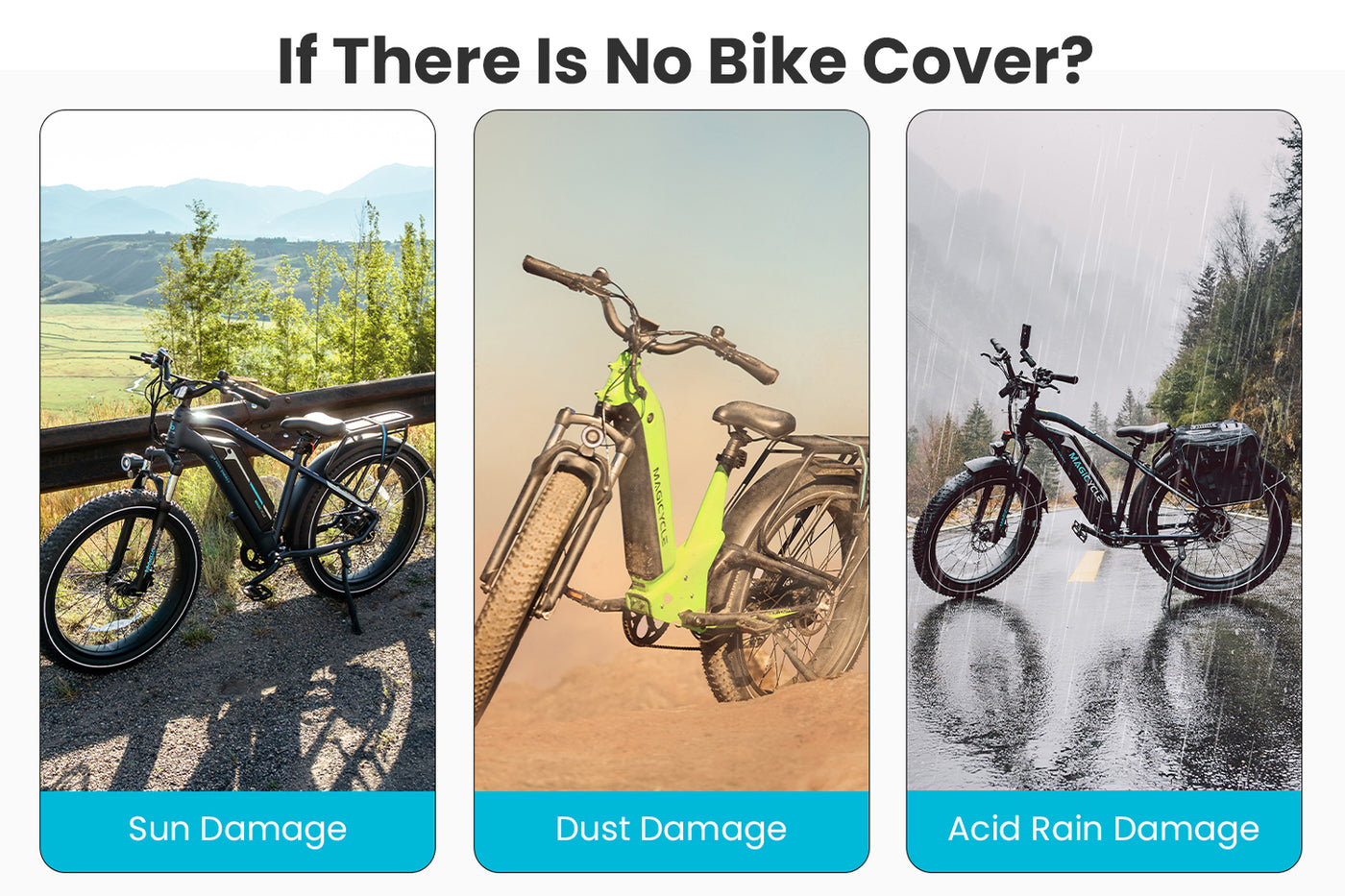 Comparison of sun, dust, and rain damage to electric bikes without covers.