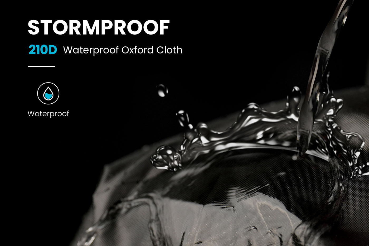 Close-up of 210D waterproof Oxford fabric demonstration with water droplets.