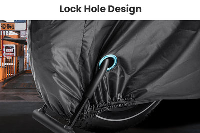 Lock hole design on Magicycle bike cover for extra security and protection.