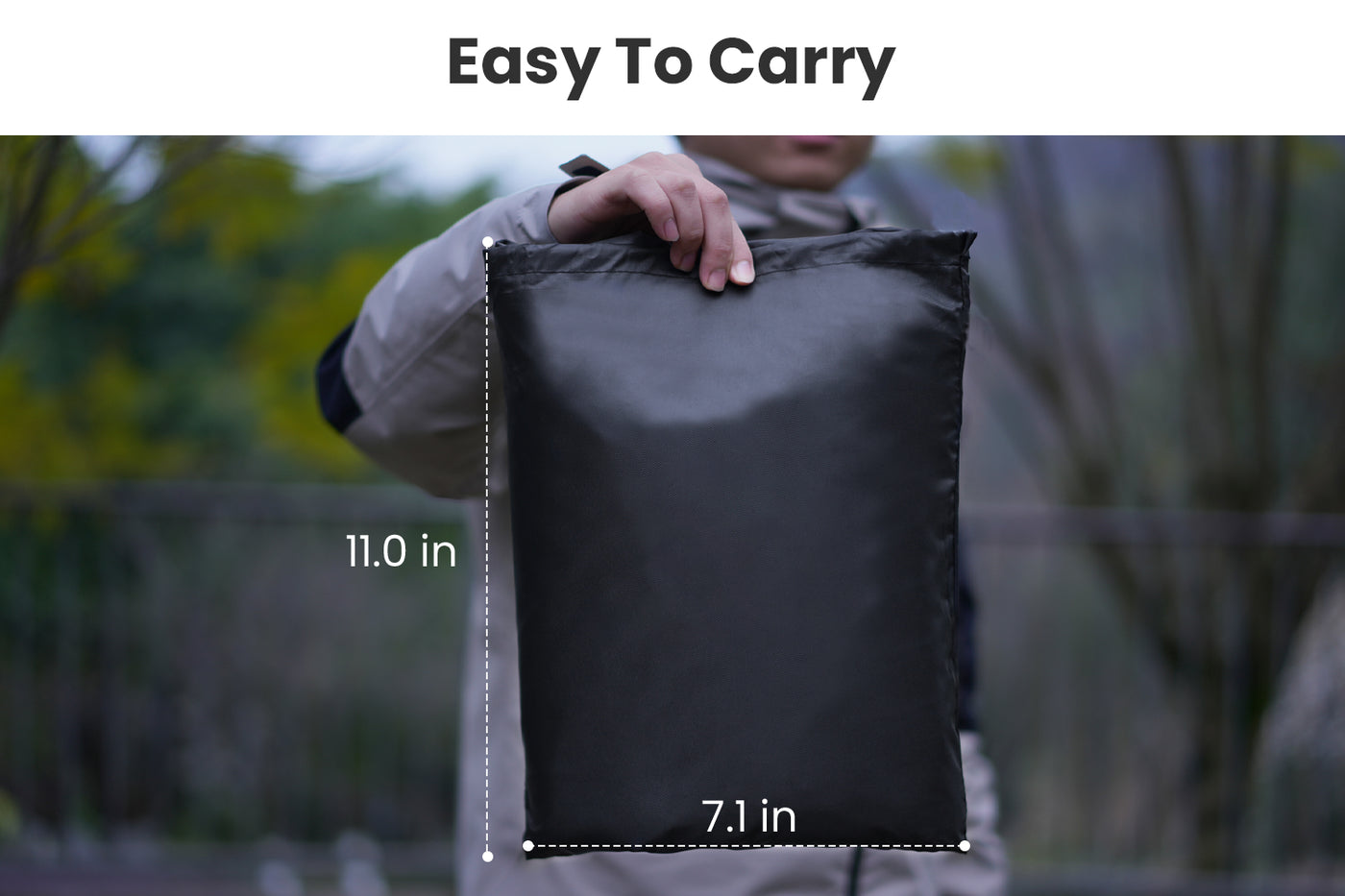Magicycle bike cover in carrying bag, portable size of 11" x 7.1" for easy transport.