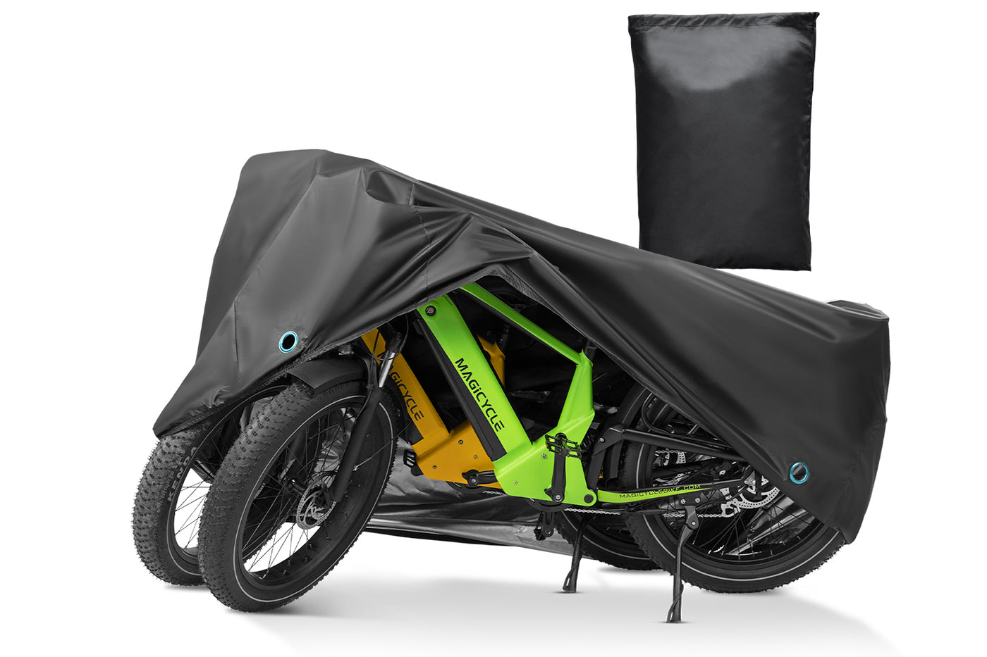 Folding electric bike protected by a waterproof cover, with storage bag for easy transport.