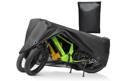 Folding electric bike protected by a waterproof cover, with storage bag for easy transport.