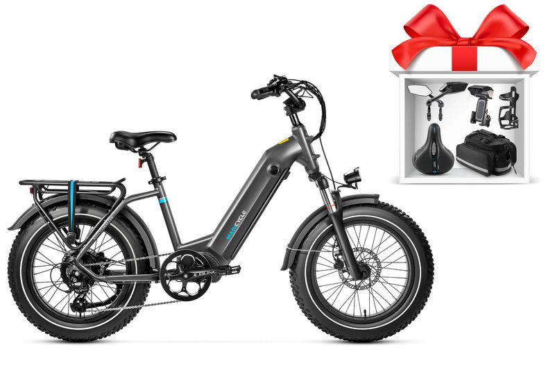 Gray Magicycle Ocelot Pro Step-Thru Fat Tire Electric Bike with accessories