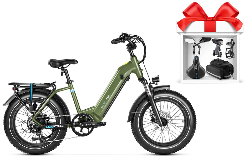 Green Magicycle Ocelot Pro Step-Thru Fat Tire Electric Bike with accessories in box