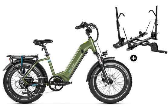Magicycle Ocelot Pro E-Bike with fat tires and attached hitch bike rack