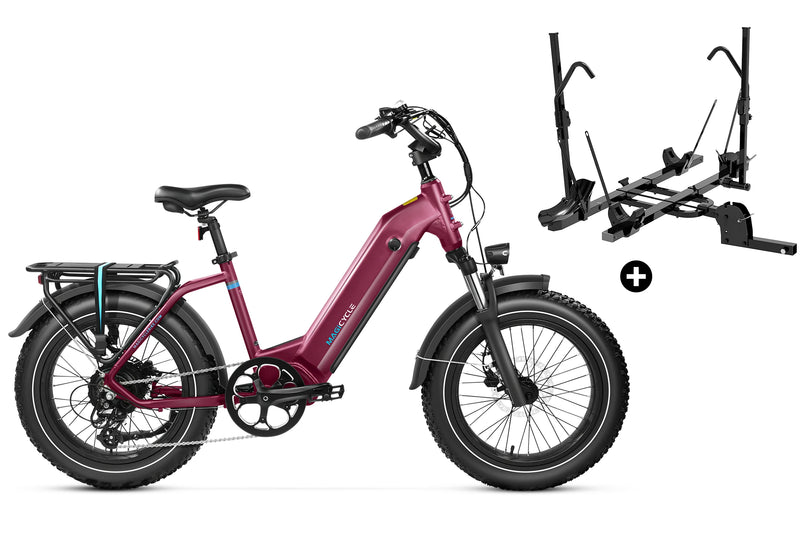 Maroon Magicycle Ocelot Pro Step-Thru Fat Tire Electric Bike with detachable battery and rack