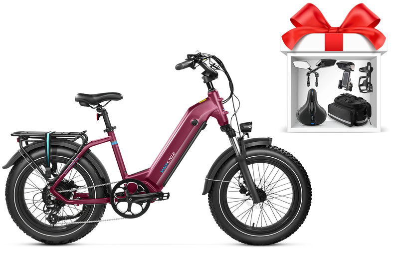 Maroon Magicycle Ocelot Pro fat tire electric bike with removable battery and bike accessories