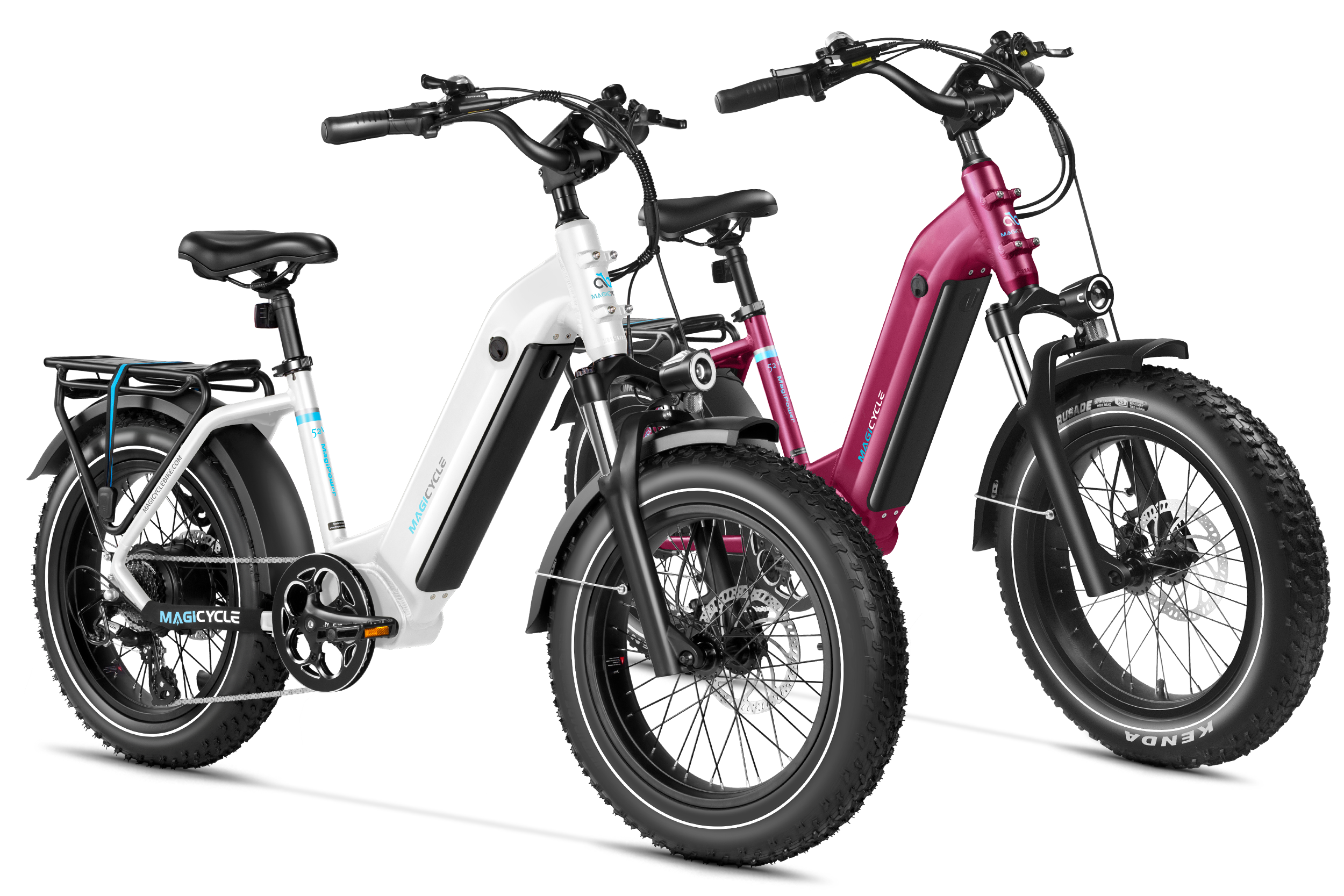 Magicycle Ocelot Pro 2.0 electric bikes in white and pink colors