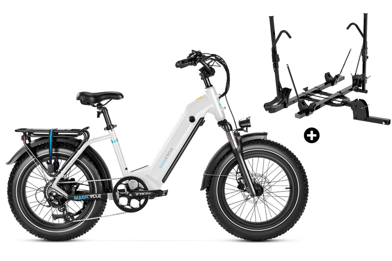 Magicycle Ocelot Pro white fat tire electric bike with detachable battery and bike rack