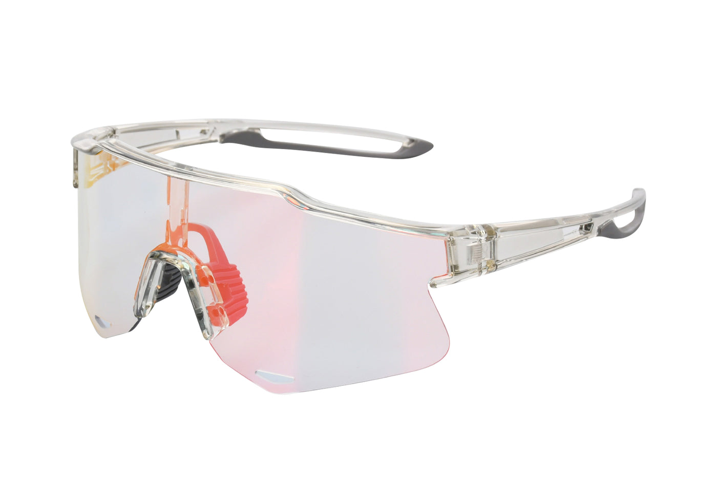 Photochromic cycling sunglasses with clear frame and red mirrored lenses.