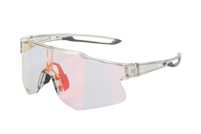 Photochromic cycling sunglasses with clear frame and red mirrored lenses.