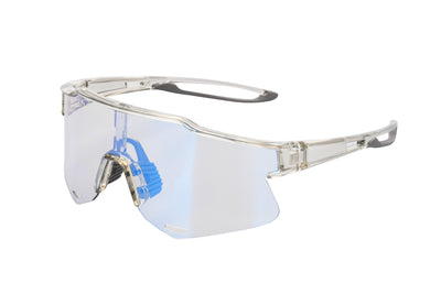 Photochromic cycling sunglasses with clear frame and blue mirrored lenses.