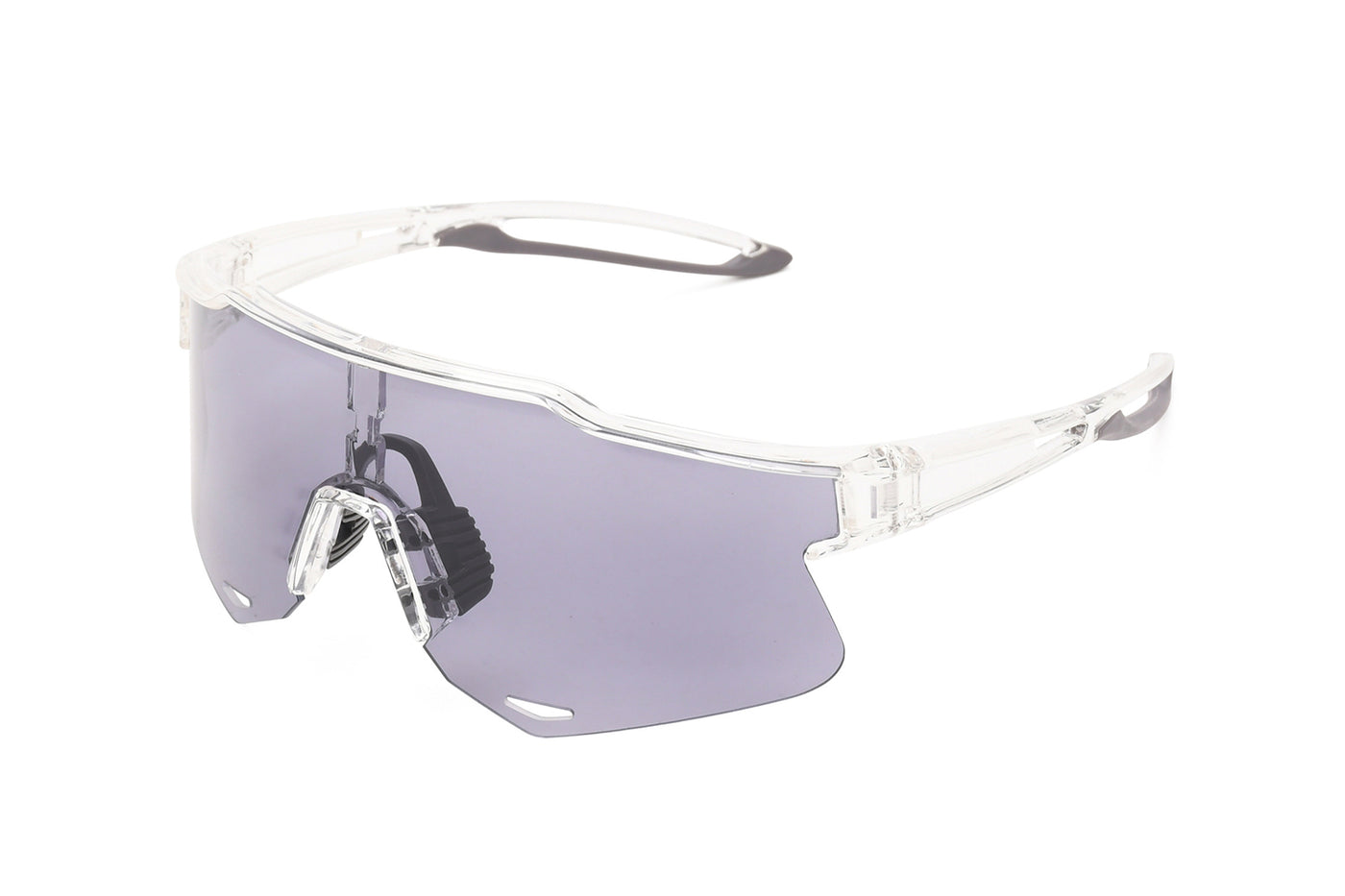 Photochromic cycling sunglasses with dark lenses and flexible TR90 frames.