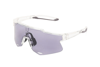 Photochromic cycling sunglasses with dark lenses and flexible TR90 frames.
