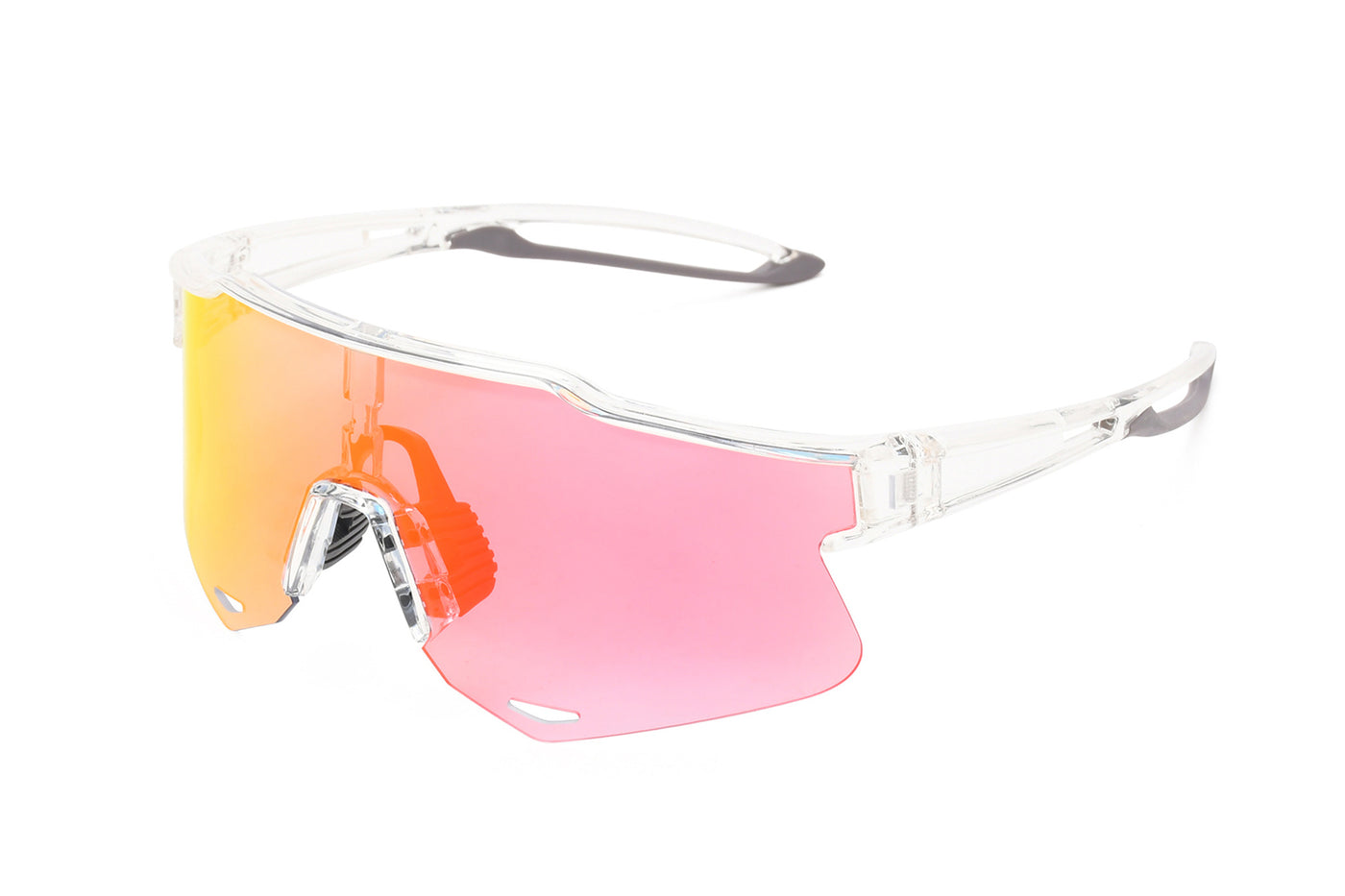 Photochromic cycling sunglasses with adjustable clear frame and pink gradient lenses.