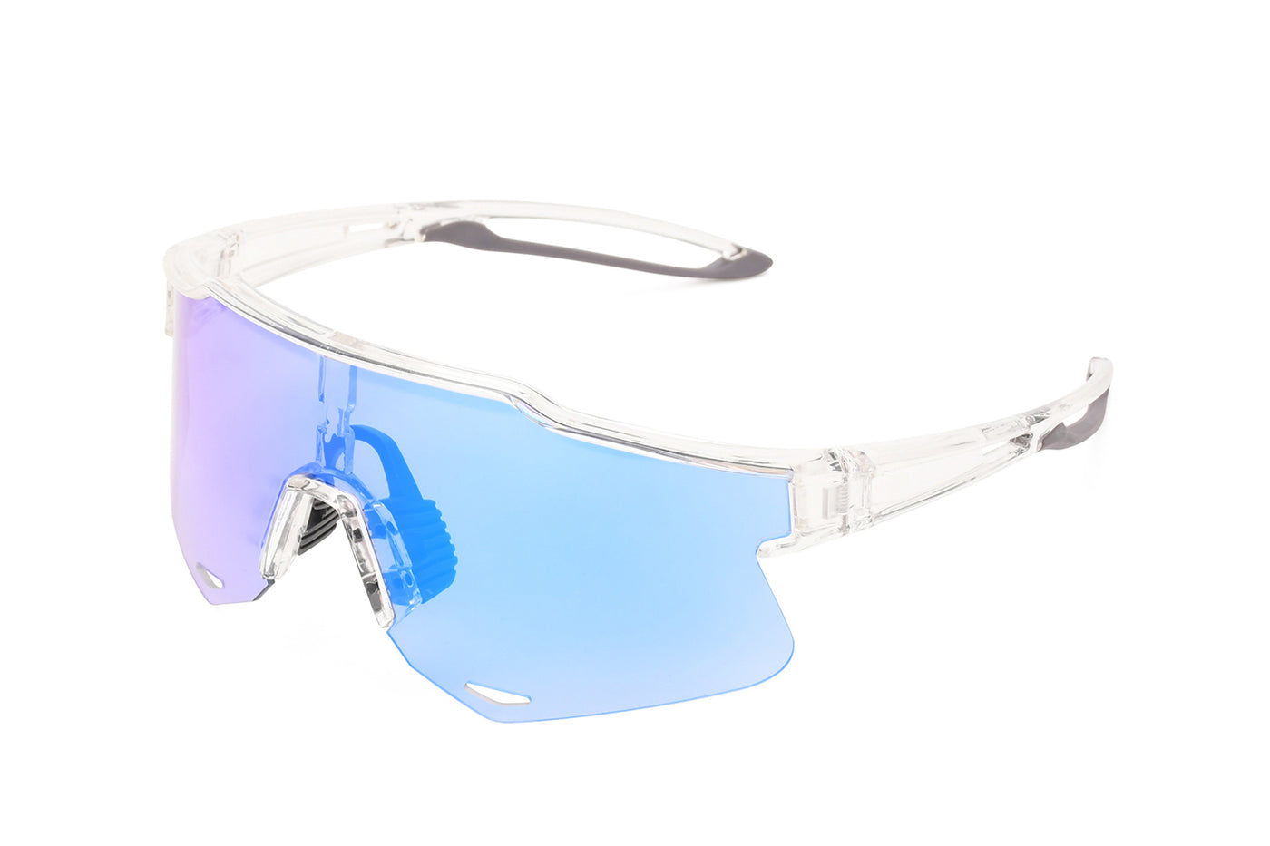Clear photochromic cycling sunglasses with blue mirrored lenses and adjustable frame.