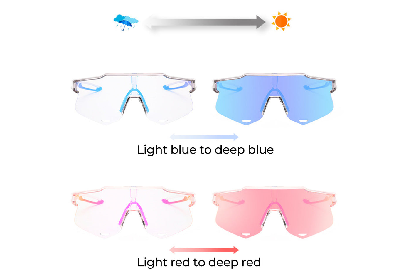 Photochromic cycling sunglasses changing from clear to blue and red tints.