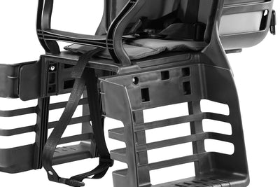 Close-up of safety strap and sturdy construction of rear-mounted child bike seat.
