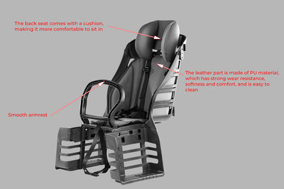 Rear-mounted child bike seat with cushion, armrests, and safety straps for comfortable rides.