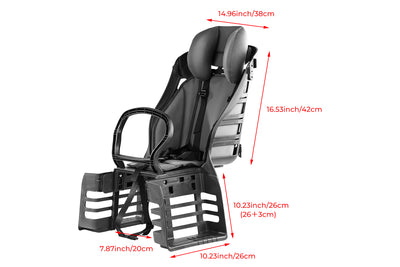 Rear-mounted child bike seat with safety straps, headrest, and dimensions labeled.