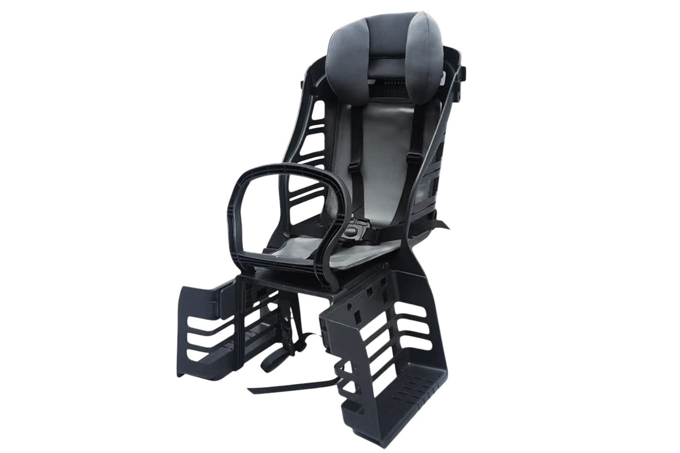 Rear-mounted bicycle child carrier seat with safety buckles and headrest.