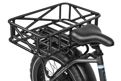 Robust black iron ebike rear rack basket showcasing spacious design for various cargo