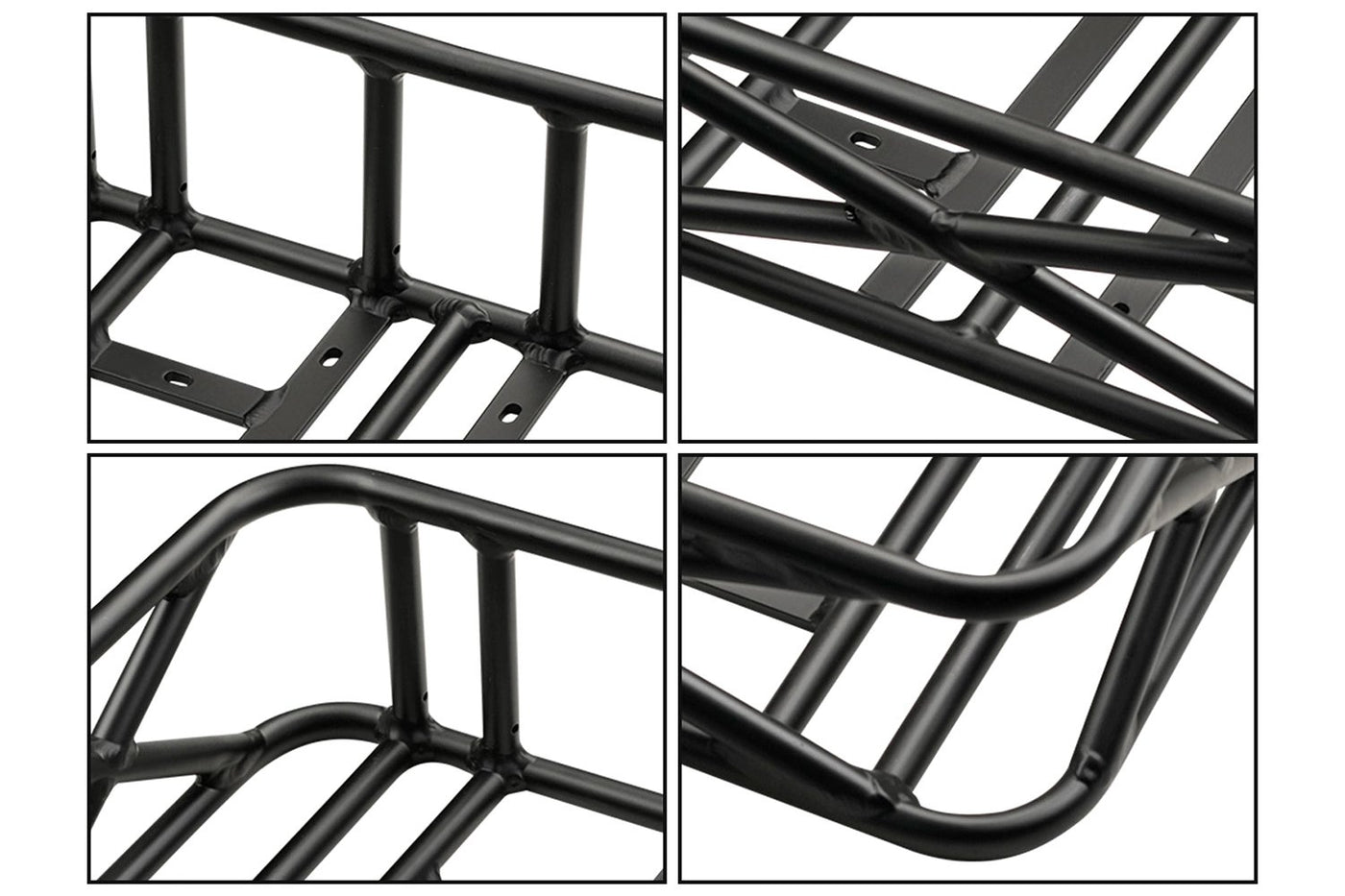 Detailed view of strong black iron ebike rear basket frame for high-capacity storage.