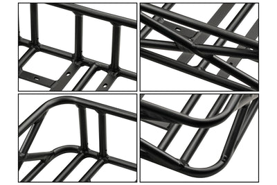 Detailed view of strong black iron ebike rear basket frame for high-capacity storage.