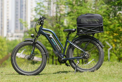 Magicycle ebike with large black iron rear rack basket, perfect for cargo transport.