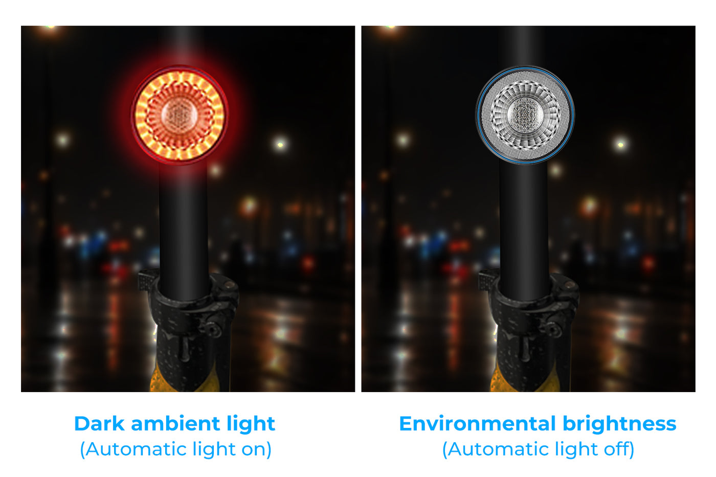 LED bike tail light demonstrating automatic on/off functionality in different lighting conditions.