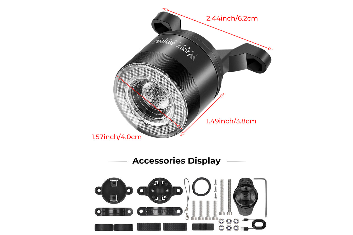 Compact rear bike light with an aluminum alloy build and accessories for easy mounting.
