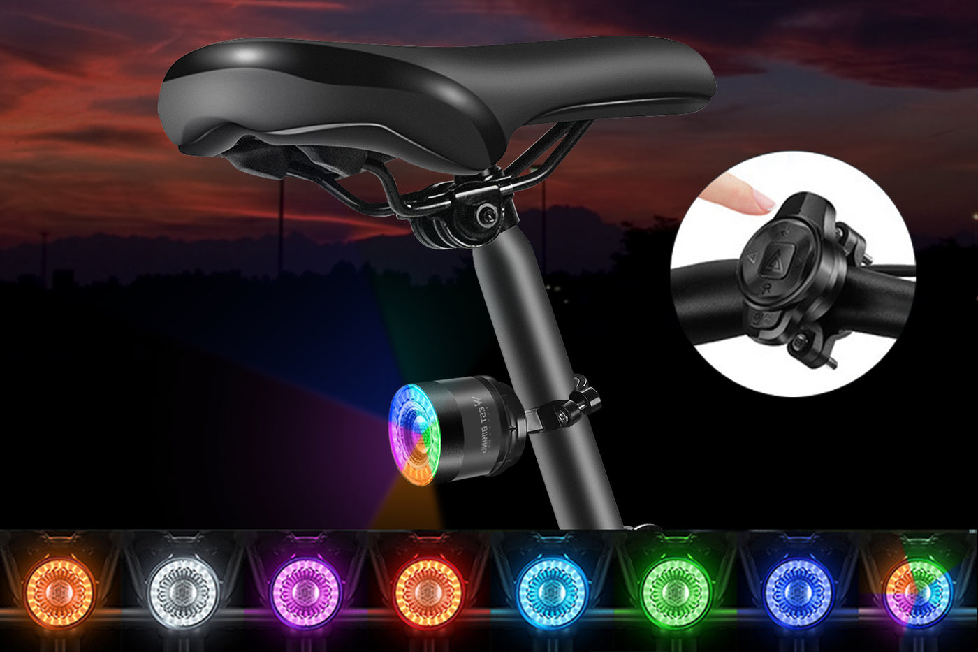 Smart tail light mounted on bike saddle showcasing 15 vibrant light modes.