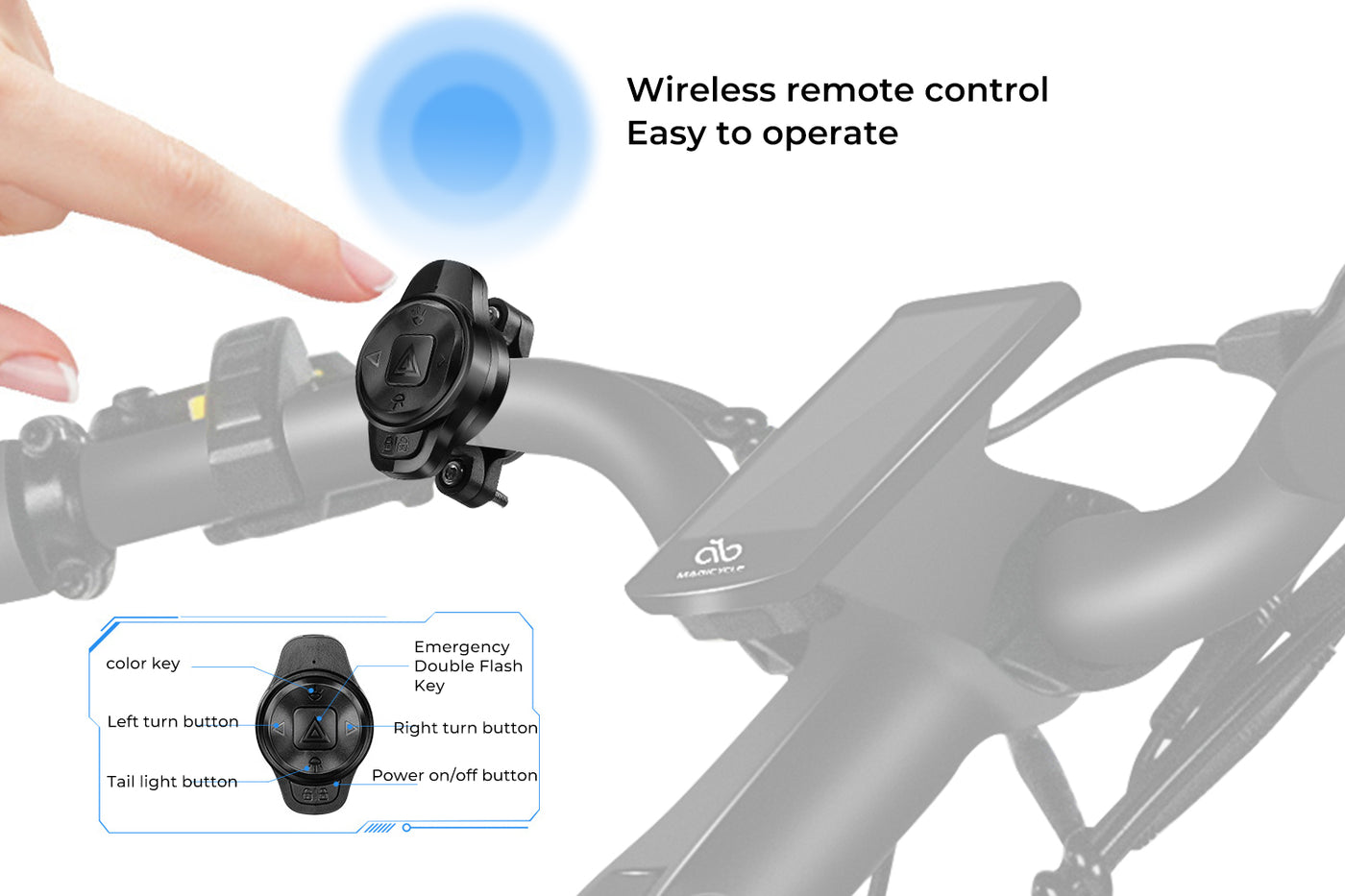 Wireless remote control for bike light with easy operation features.