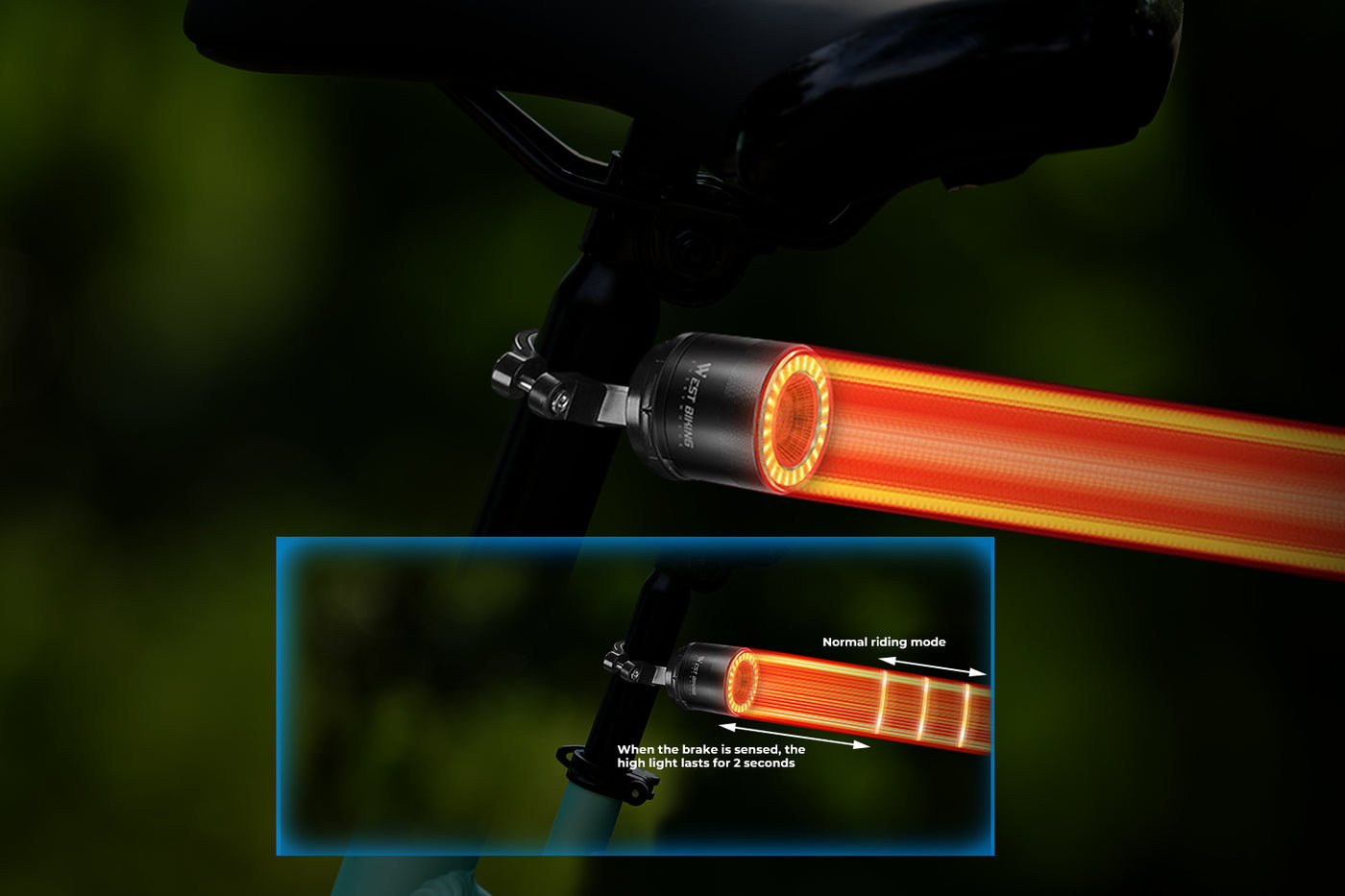 Bike tail light showing brake sensing feature with alert mode activated.