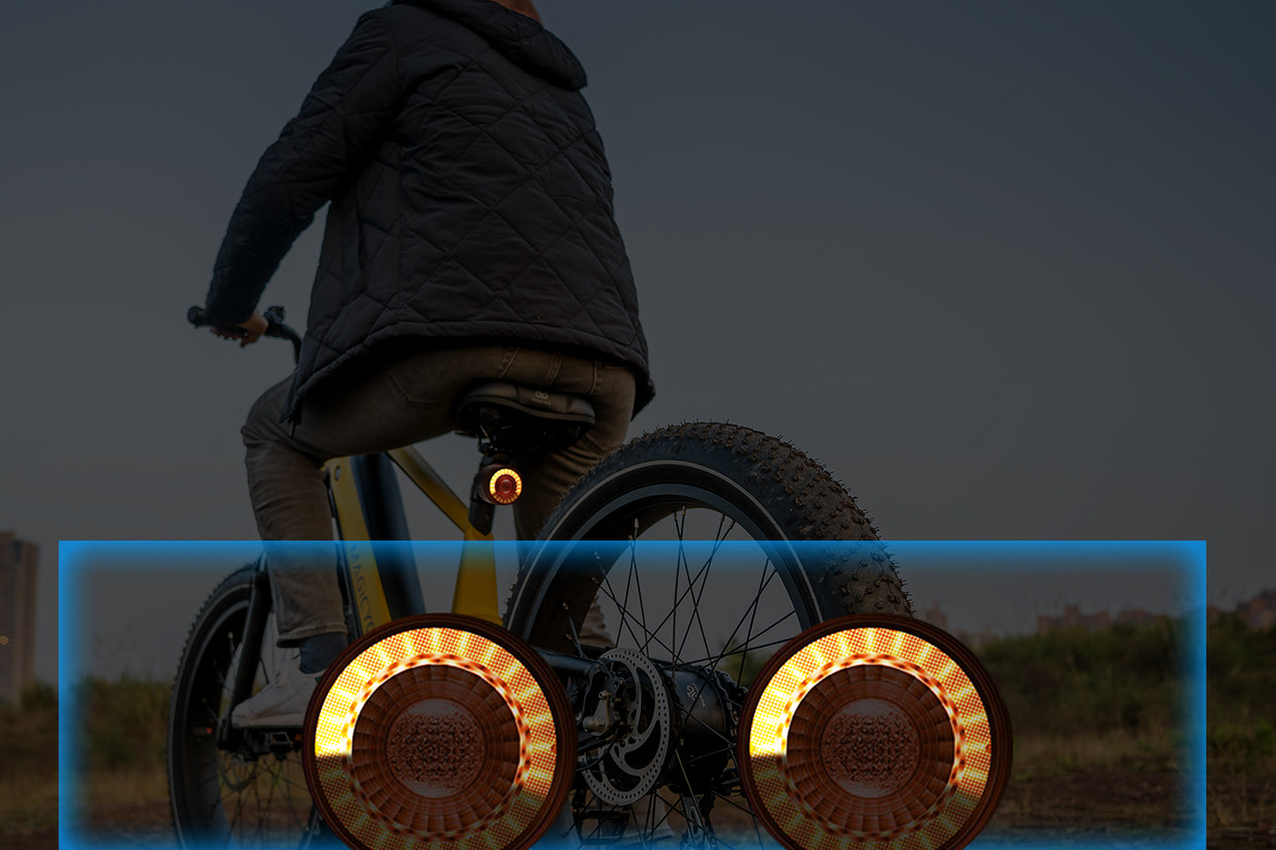 LED bike tail light mounted on saddle, showcasing bright illumination and colorful designs.