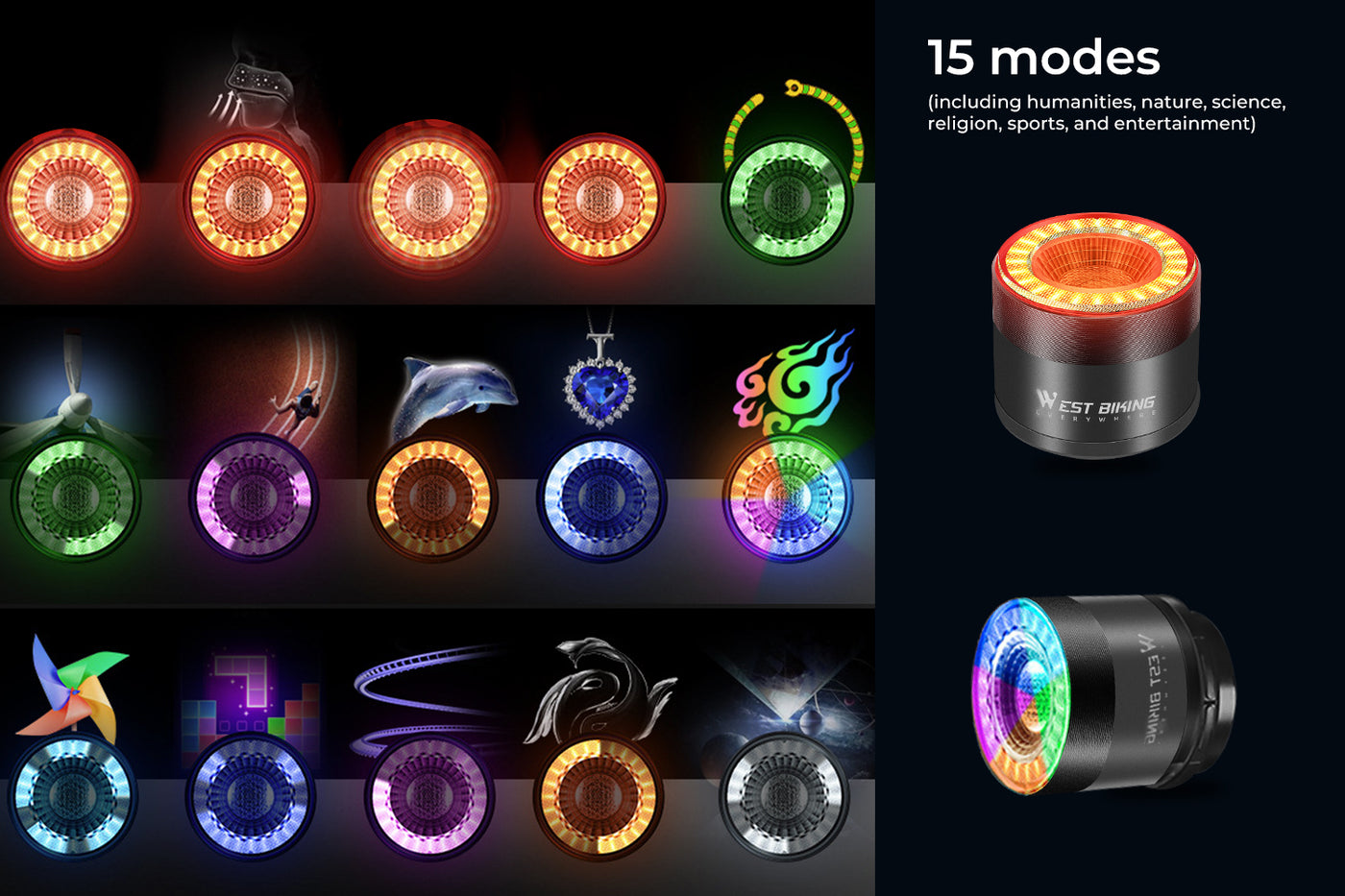 15 vibrant light modes for bike LED tail lights showcasing unique colorful designs.