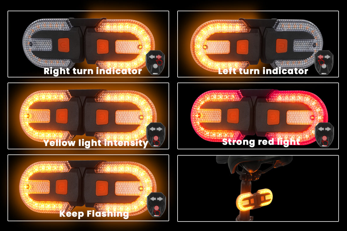 Electric bike tail light modes: right/left turn indicators, yellow/red lights, and flashing.