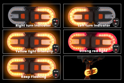Electric bike tail light modes: right/left turn indicators, yellow/red lights, and flashing.