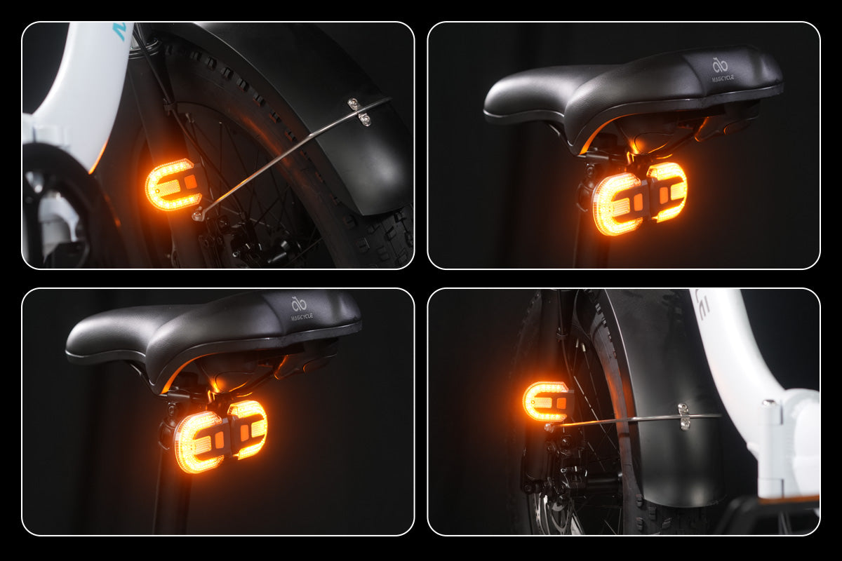 Electric bike tail light with turn signals in multiple installation modes.