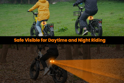 Two riders using electric bikes equipped with tail lights for safety in day and night.