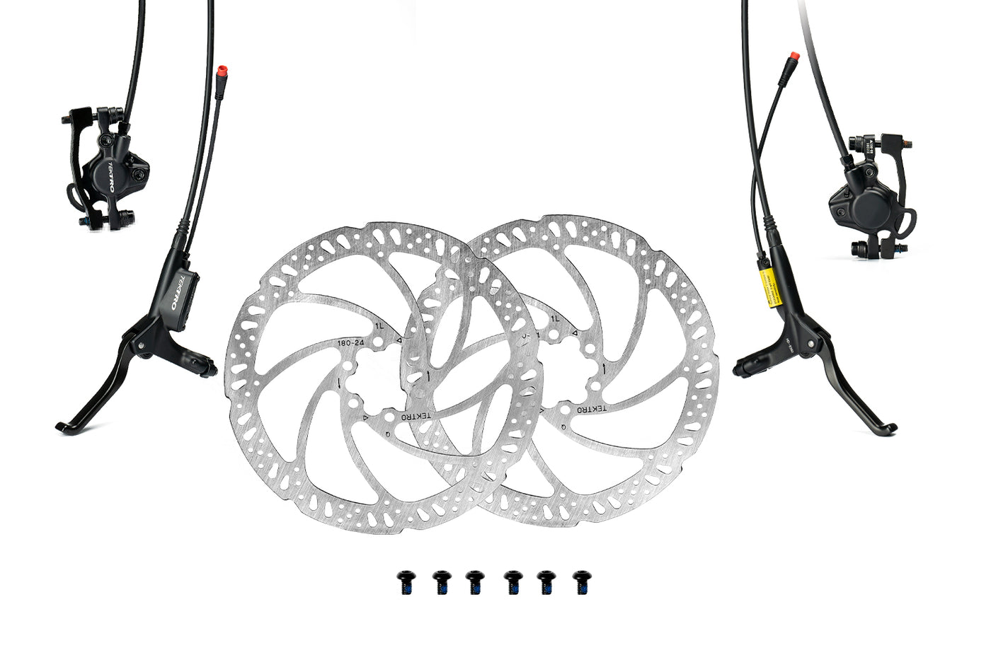 Tektro hydraulic disc brake replacement set with rotors and cables.